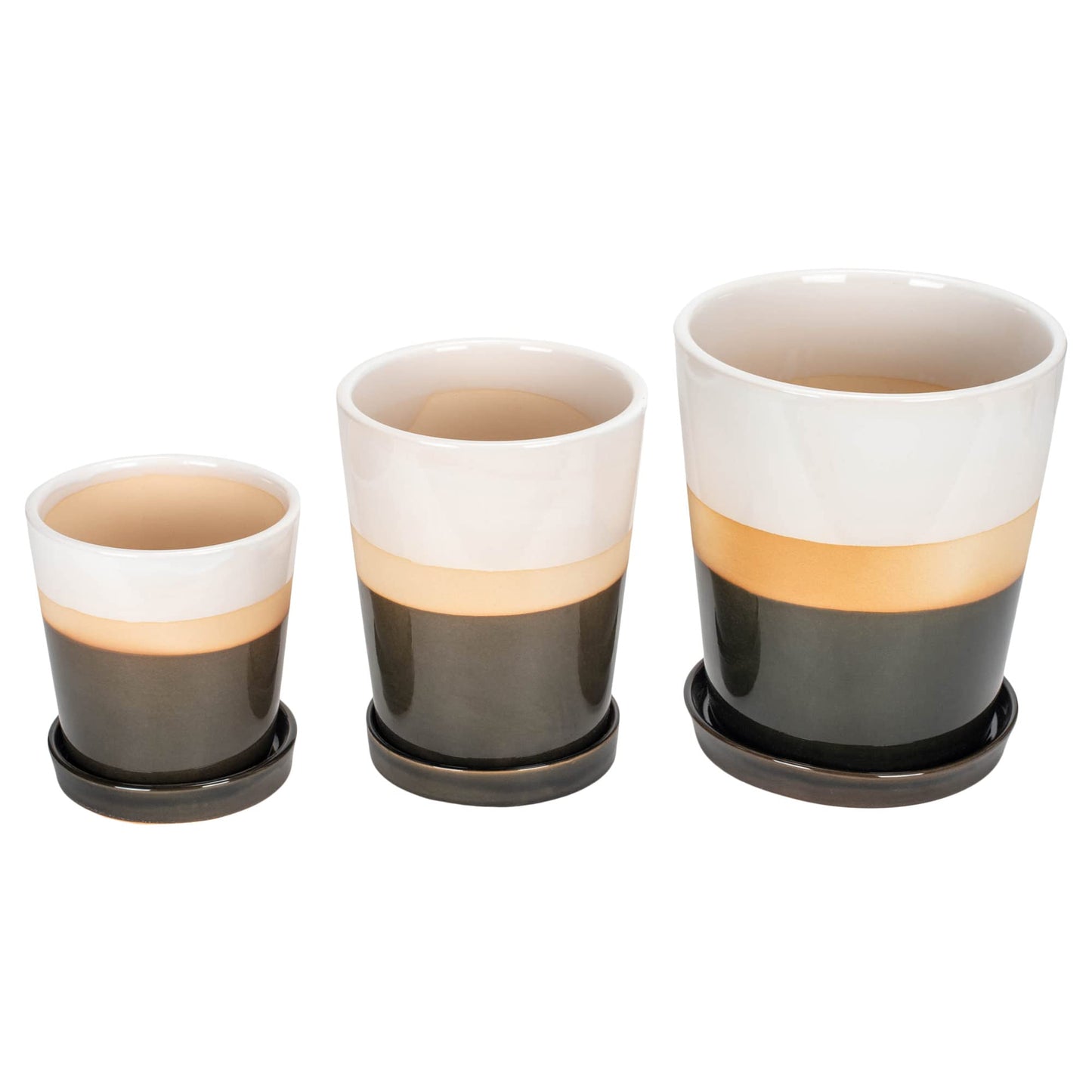 Napco Imports Striped Grey and Tan 8.25 inch Ceramic Standing Planters with Saucers Set of 3