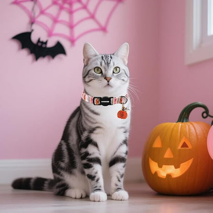 2 Pack Fall Cat Collars Breakaway with Bell, DOGWONG Safety Buckle Fall Halloween Ghost Cute Cat Collar for Girl Boy Cats，Adjustable 7-12 Inch