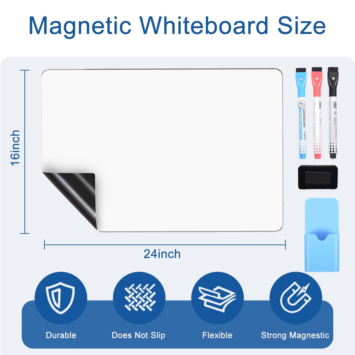 24x16 Inch Magnetic Refrigerator Whiteboard - Single Pack Flexible Dry Erase Memo Board with 6 Markers, Eraser & 1 Pen Holder, for Kitchen Office Home Notes Reminders Planning