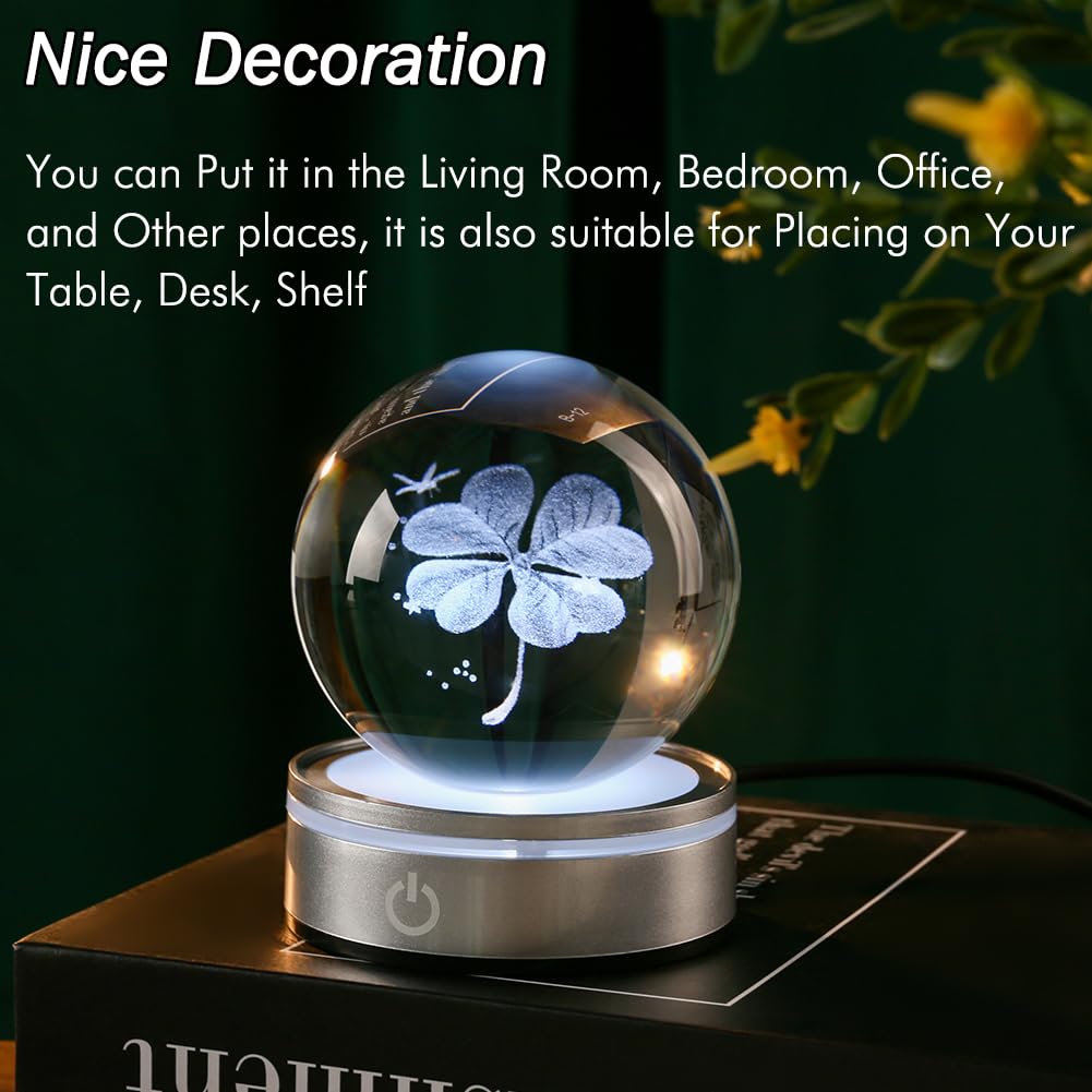 IFOLAINA Crystal Ball Lamp, 3D Four Leaf Clover K9 Decorative Night Light, Clear, 3.15 inches, Rechargeable USB, Ideal Gift for Her Birthday, Wedding, Anniversary
