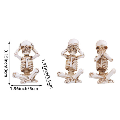 EMINGSKY 3 Pcs Halloween Skull Figurine Hear See Speak No Evil Baby Skeleton Figurine 4.8 Inch Resin Home Decor for Cemetery Desk Bookshelf Office