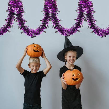 66 Ft Halloween Purple Tinsel Garland with Black Small Ghost Glitter Fluffy Tassel Twist Garland Hanging Decoration for Halloween Home Tree Ornaments Holiday Indoor Outdoor Party Decorations