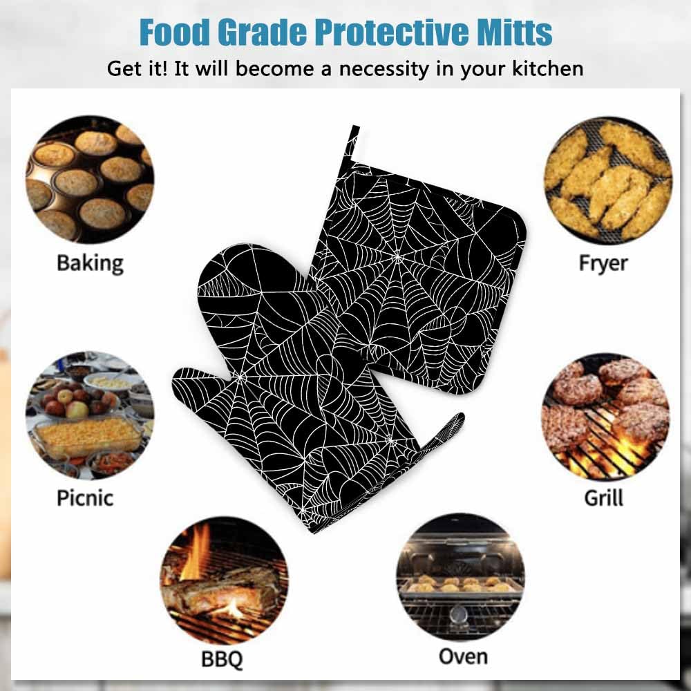 Mxocom Black and White Halloween Spider Web Oven Mitts and Pot Holders Sets Silicone Heat Resistant Kitchen Oven Gloves Pot Holder for Cooking