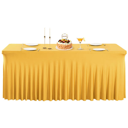 PARTISKY Golden Spandex Tablecloth for 6ft Rectangle Tables, Stretchable Table Cover Skirt for Folding Tables Weddings Parties Banquets Events Trade Shows and Dessert Table