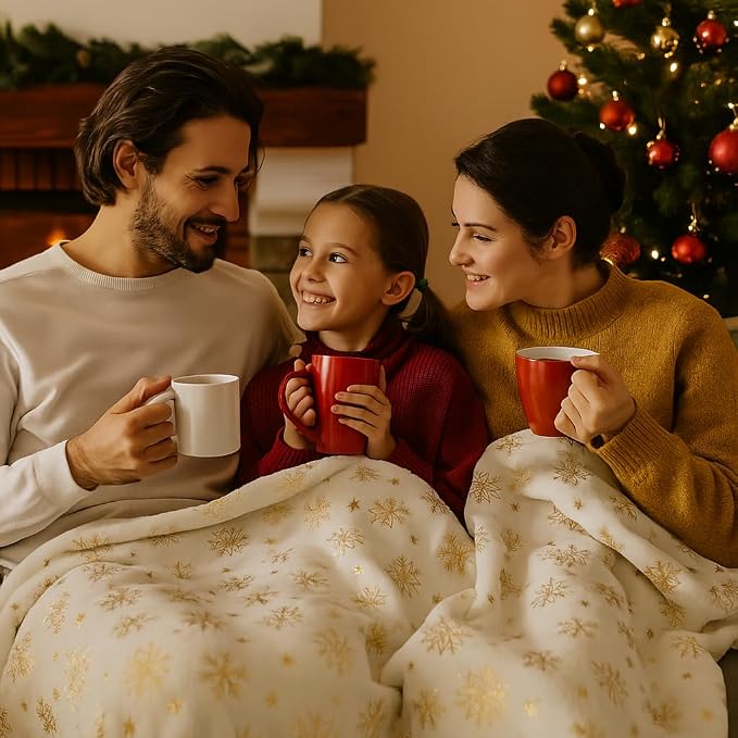 Winter Holiday Christmas Fleece Throw Blanket: Velvety Soft, Gold Snowflakes Stars Design, Durable Accent for Bed or Couch, Oversized 50 x 70 inches