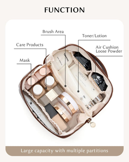 Yikisite Makeup Bag, Travel Cosmetic Bags toiletry bag for Women, Waterproof PU Leather Make Up Pouch Organizer Travel Essentials Organizer with Divider (Brown)