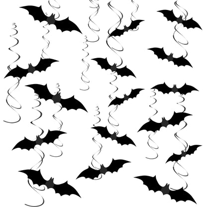 32 Pcs Halloween Bat Hanging Swirls Decorations, Black Bat Ceiling Streamers with Foil Spirals, Halloween Party Decor for Ceiling Window Porch Classroom Office Haunted House