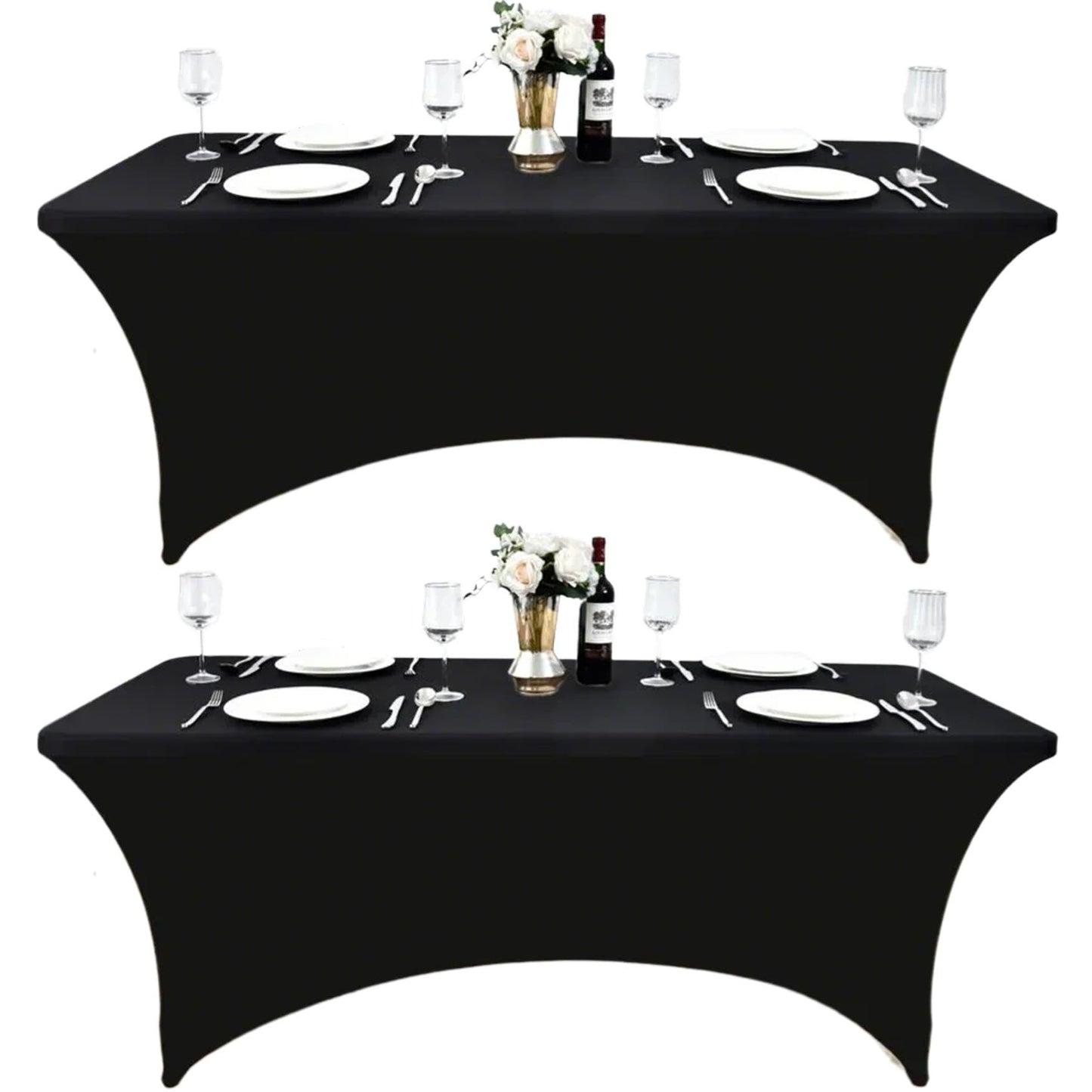 ZarzaaSik 2-Pack 6ft Black Spandex Table Covers for Rectangle Standard Folding Tables - Wrinkle Resistant Stretch Tablecloths - Ultimate Fitted Table Protector for Parties, Trade Shows, Banquet