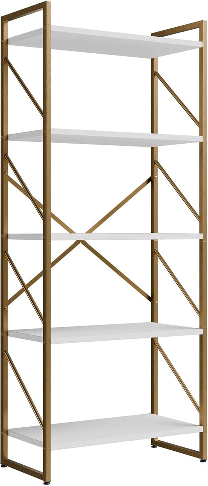 Shintenchi 2 Pieces 5 Tiers Bookshelf, Classically Tall Bookcase Shelf, Industrial Book Rack, Modern Book Holder in Bedroom/Living Room/Home/Office, Storage Rack Shelves for Books/Movies-Gold