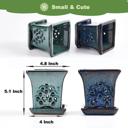 Ceramic Orchid Pots with Holes attached Saucers 4.8 Inches - Set of 2 Small Square Orchid Pots for Repotting, Decorative Ceramic Orchid Planter with Hole for Healthy Root Growth Blue and Green