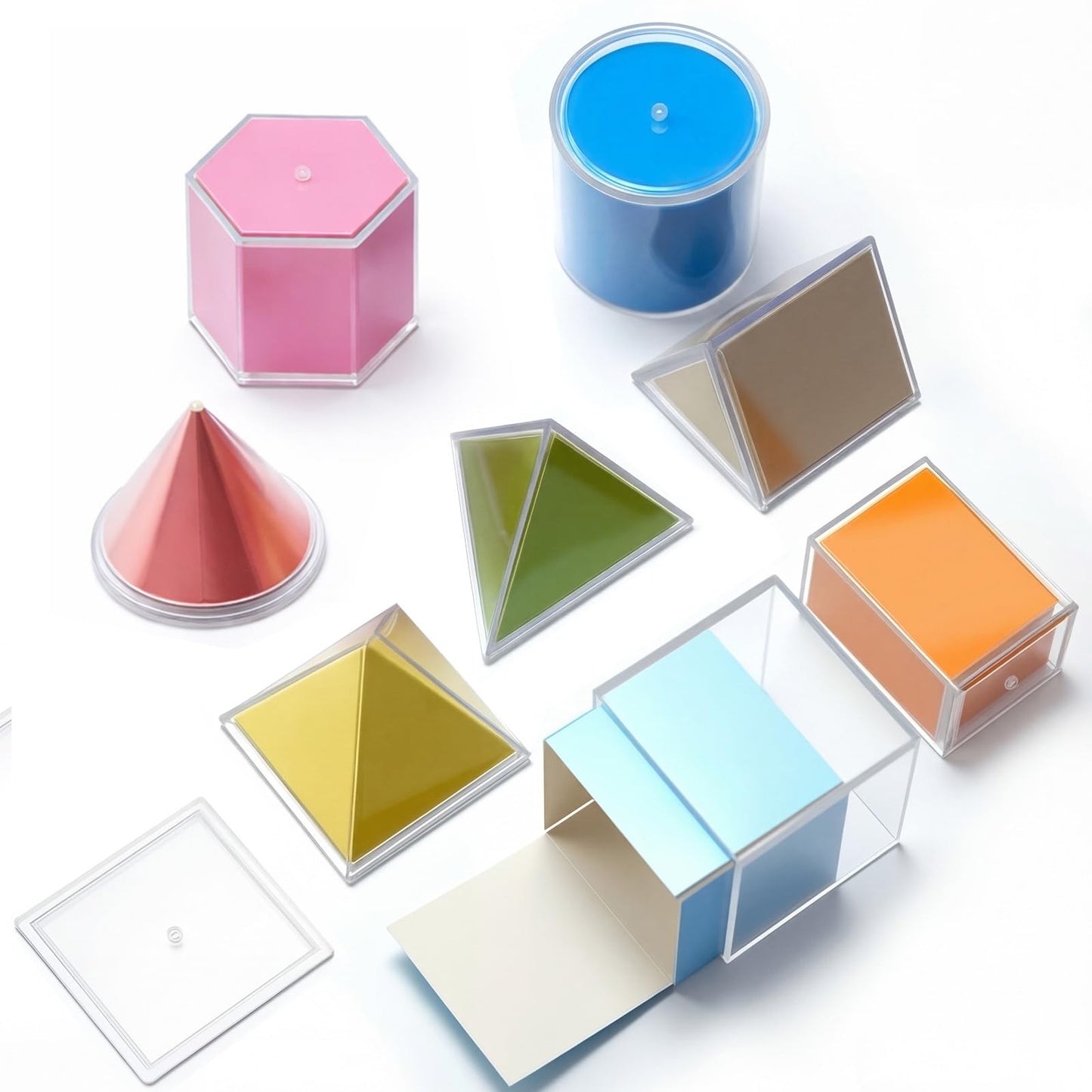 Faccito Geometric Solids 3D Shapes & 2D Folding Nets Folding Shapes Early Math Multicolored Blocks Manipulatives and Geometry Set for Classroom Homeschool Math Teacher Supplies (8 Styles)