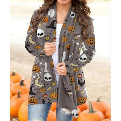 Women's Halloween Pumpkin Cat Print Knitting Cardigan Long Sleeve Open Front Knitted Sweater Outwear Coat Tops (Light Gray, Large)