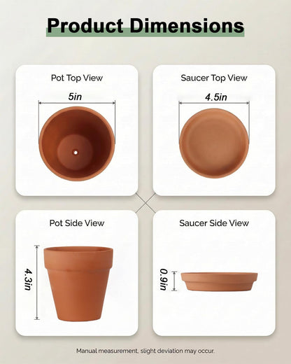 Riseuvo 5 Inch Terra Cotta Pots with Saucer - 6 Pack Clay Flower Pots with Drainage, Great for Plants, Crafts, Wedding Favor (5 inch)