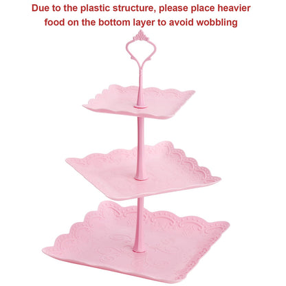 Tosnail 3 Pack 3 Tiers Plastic Cupcake Stand Dessert Stand Tiered Serving Trays with Pink Rod Candy Pastry Holders for Baby Shower, Wedding and Party - Pink Rod