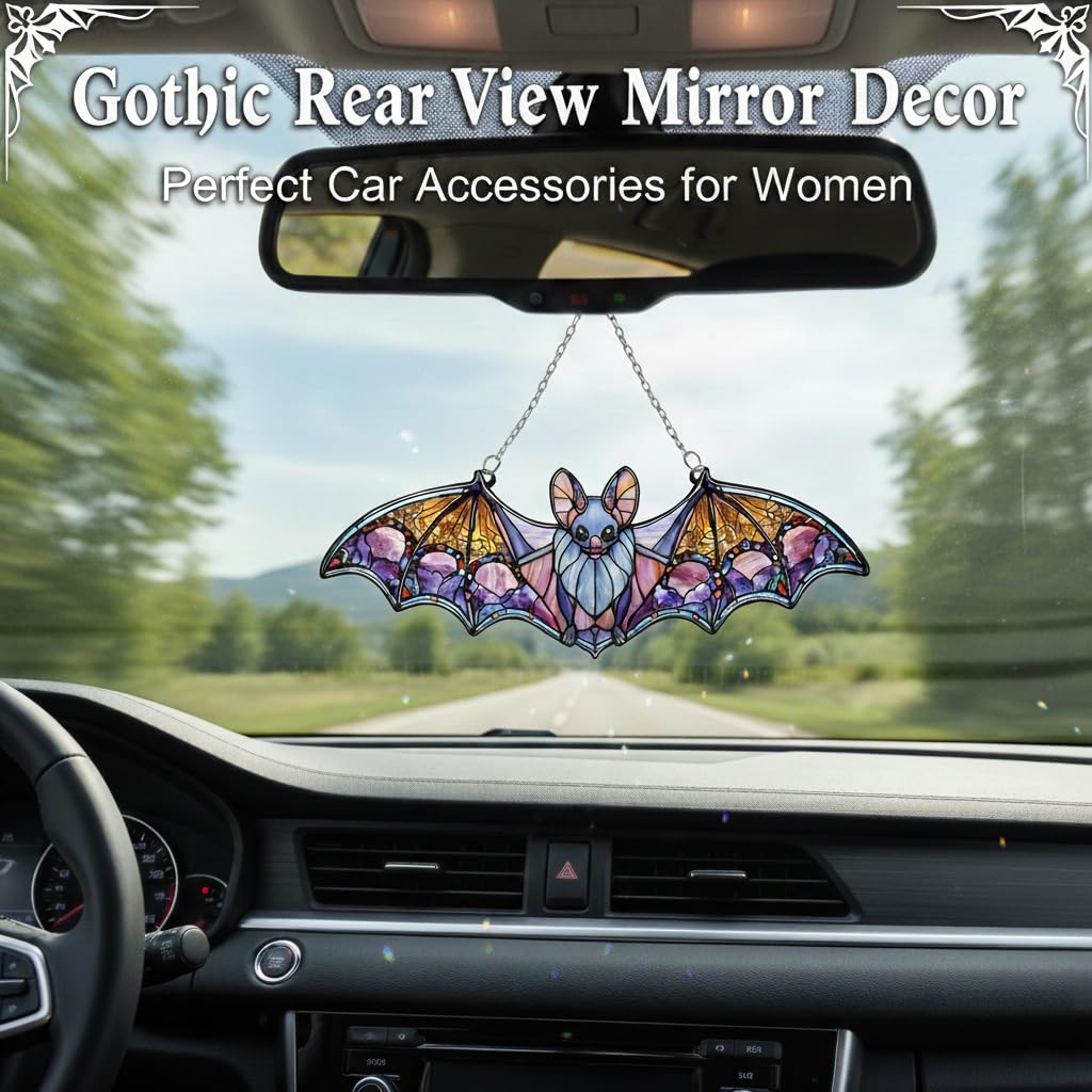 Bat Car Hanging Ornament, Bat Suncatcher, Gothic Rear View Mirror Decor, Halloween Bat Window Hanging, Witchy Gifts for Goth Women(Bat 4)