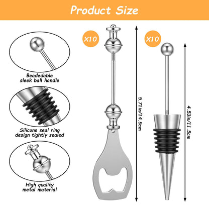 Afcabakila 20 Pcs Beadable Wine Stoppers and Beer Openers Bulk, Reusable Alloy Decorative Bottle Stopper, DIY Craft Beer Opener Set for Spring, Summer, Fall, Halloween, Christmas, Party Favor Gifts