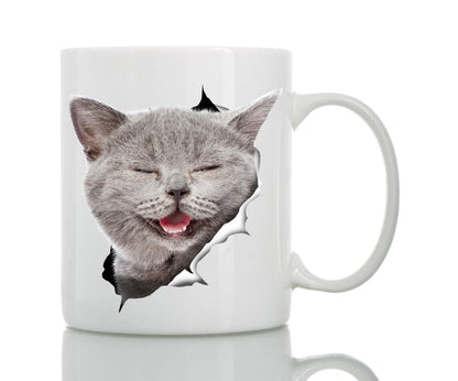 Winston & Bear Laughing Grey Cat Coffee Mug - Funny Ceramic Coffee Mug Gift for Cat Lovers - Cute Novelty Cup for Men and Women (15oz)