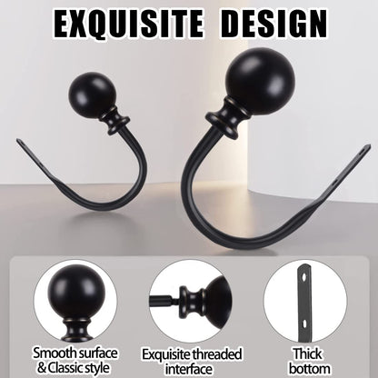 KAMANINA Curtain Holdbacks, Black Curtain Tiebacks Wall Mounted with Round Finials, Metal Curtain Pull Backs with Screws, Decorative Curtain Hooks for Drapes Bedroom (1 Pair/2 Pack, Small)