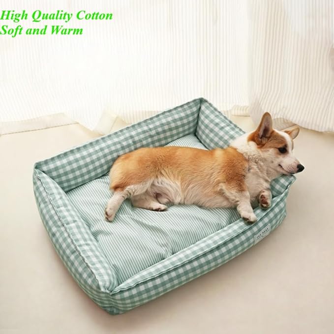 Orthopedic Rectangle Dog Bed for Medium Small Dogs, Plaid Plush Modern Puppy Sofa Bed with Anti-Slip Bottom, Cute Calming Pet Bed(Red,Medium)