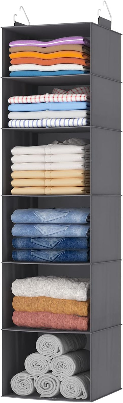 Lifewit 6 Tier Hanging Closet Organizer and Storage for Shelves, 1 Pack Foldable Clothes Shelf with 2 Sturdy Hooks, Sweater/Coat/Shoes Clothing Organization for Wardrobe, Dorm, Bedroom, Gray