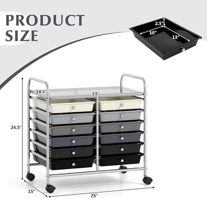 COSTWAY 12-Drawer Rolling Storage Cart, Utility Storage Organizer Cart for Tools, Scrapbook, Paper, Craft, Multipurpose Art Supply Organizer on Wheels for Home Office School, Teacher, Mixed Black