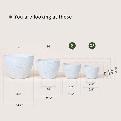 LA JOLIE MUSE Flower Pots Outdoor Garden Planters, Indoor Plant Pots with Drainage Holes, Plastic, Speckled White, Set 2 (8.6 + 7.5 Inch)
