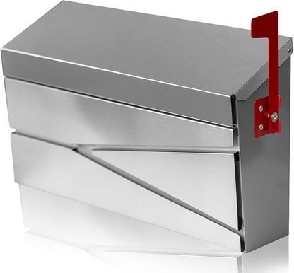 Ydocabinit Wall Mount Mailbox, Large Capacity Mailbox for House, with Flag Kit, Galvanized Steel Rust-Proof Metal Post Drop Box, Mailboxes for Outside, 15.74"×9.84"×4.33", Silver Modern Sleek Style