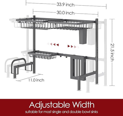 Sakugi Over The Sink Dish Drying Rack - Adjustable 2 Tier Large Capacity Stainless Steel Drainer with Cutlery & Utensil Holders, Kitchen Storage & Organization, 30"-33.9" L x 11" W x 21.5" H, Gray
