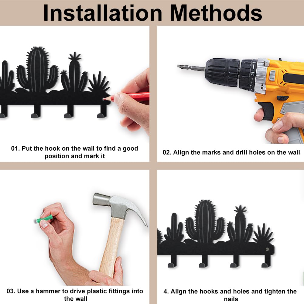 MAYJOYDIY Desert Cactus Key Holder Wall Mount Black Metal Hook Coat Hanger