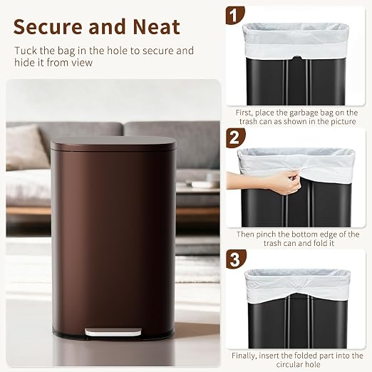 PayLessHere Stainless Steel Trash Can with Lid - Removable Inner Bucket, Foot Pedal Soft Close for Office, Home, Kitchen Garbage Bin (Brown, 13 G)