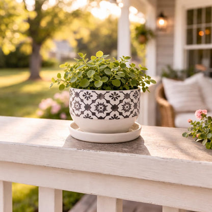 The Bridge Collection Small Floral Plant Pot with Saucer – Brown and White Patterned Ceramic Planter – Indoor Or Outdoor Ceramic Plant Pot with Matching Saucer
