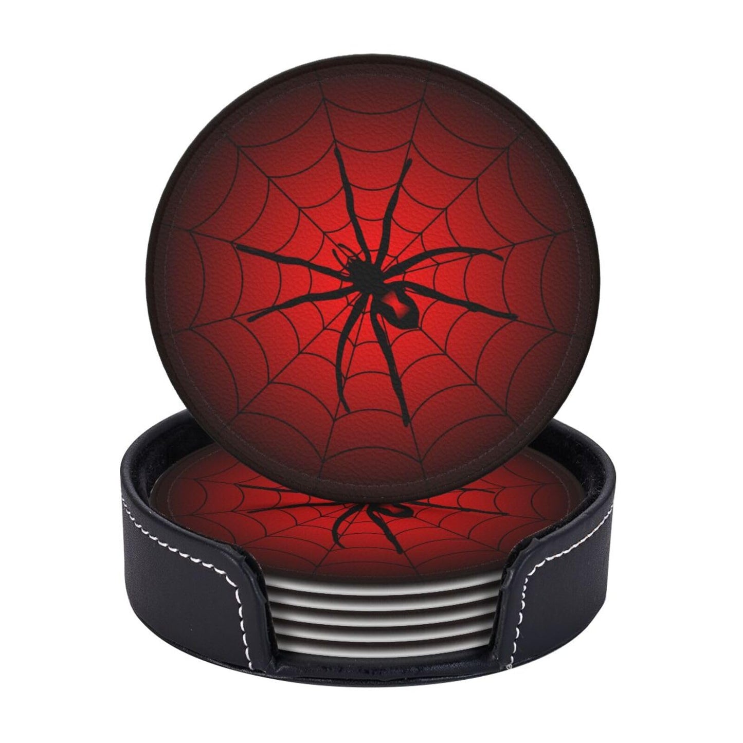 Spider Coasters for Drinks with Holder Leather Coasters Set of 6 Cute Halloween Drink Coasters Sets for Living Room Kitchen Coffee Bar Table