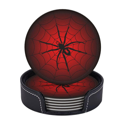 Spider Coasters for Drinks with Holder Leather Coasters Set of 6 Cute Halloween Drink Coasters Sets for Living Room Kitchen Coffee Bar Table