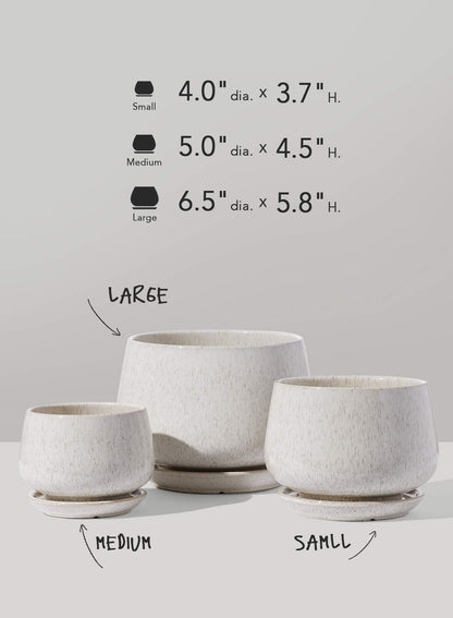 LE TAUCI Ceramic Plant Pots, 4.1+5.1+6.5 Inch Set with 50 Pack 2" Flower Pot Hole Mesh Pad Bundle, Planter with Drainage Hole and Saucer, Beige