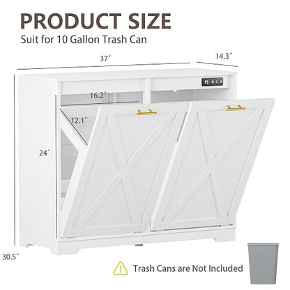 Double Tilt Out Trash Can Cabinet, Wooden Farmhouse Kitchen Garbage Bin Enclosure with Negative Ion Odor Control, Hidden Dog Proof Trash or Laundry Basket Storage for Laundry Room, White