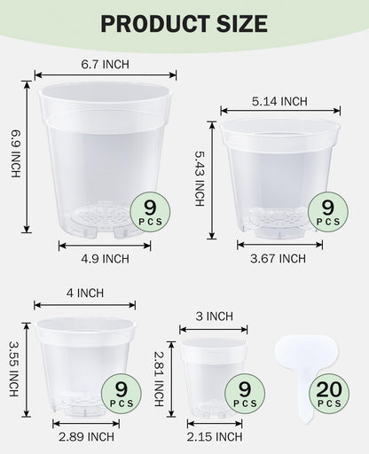 homenote Clear Nursery Pots for Plants,3/4/5/6.7 Inch Plant Pot for Planting Plastic Seedling Pots with Drainage Holes Seed Starter Pot Flower Pots High Transparency with 20 Plant Labels (36 Pack)