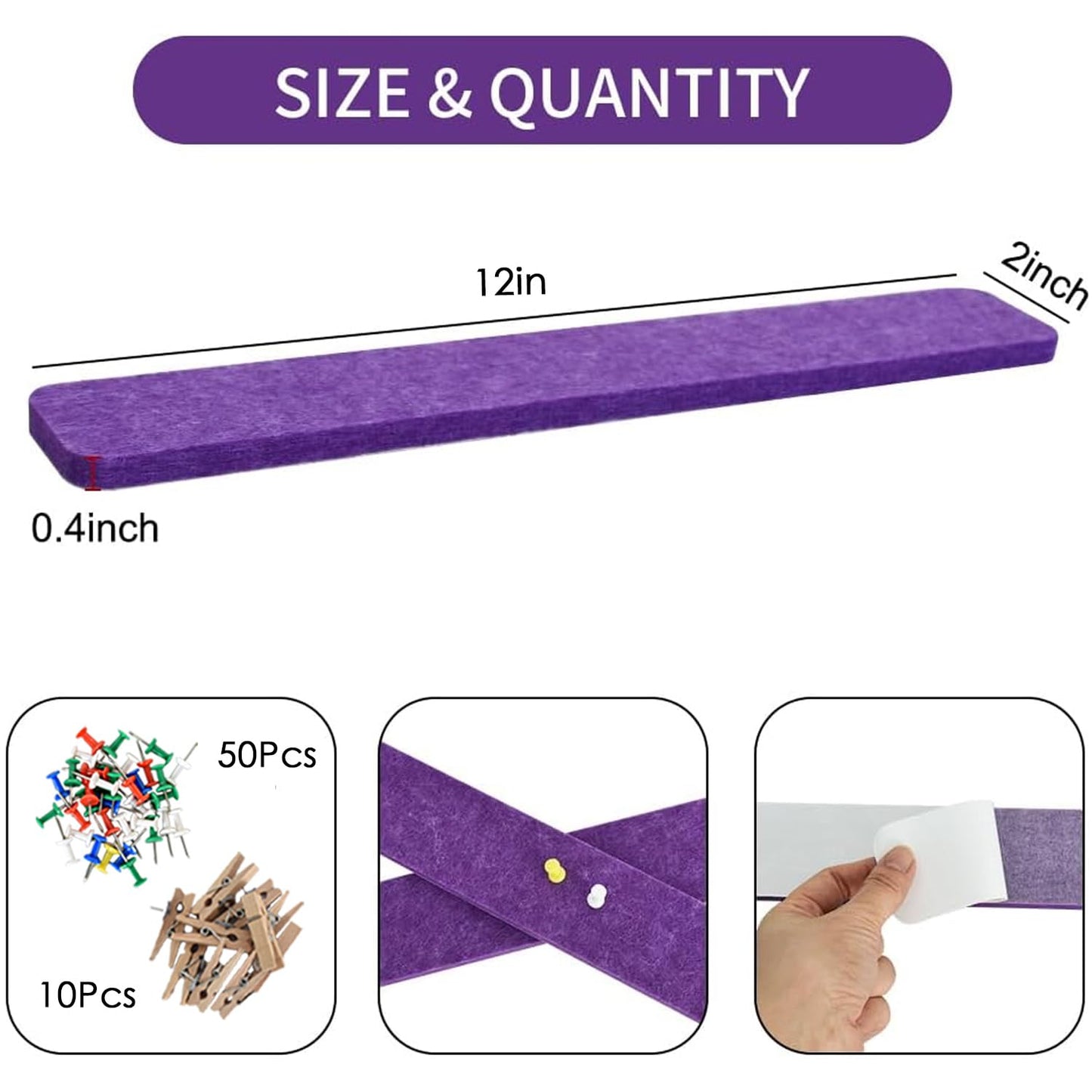 Vuzvuv 8 pcs Bulletin Board Bar Strips with 50 Pushpins & 10 Wooden Clip pins，Self Adhesive Cork Board for Wall，Felt Pin Board for School，Office Decor(Purple)