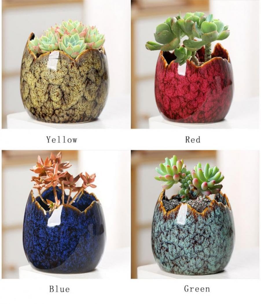 YYW Succulent Pots, 4 Pack Ceramic Planters for Indoor Plants in, Dragon Egg Broken Shell Design Flower Pots with Drainage Hole, Stylish Plant Pots,Home Office Decor (Four Piece)