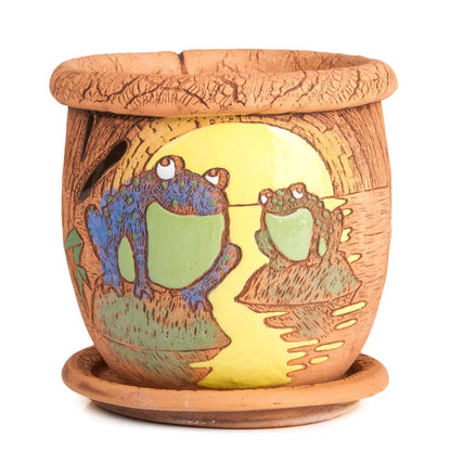 STP GOODS Ceramic Pot with Drainage Hole and Saucer, Plant Pots, Modern Decorative Planters for House Plants Indoor Flowers Plants, Cute Flower Pot - Gifts (Frogs (3 L))