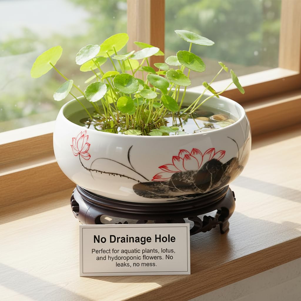 Veemoon Ceramic Lotus Bowl Planter, Chinese Hydroponic Pot with Base Round Pottery Shallow Planter Flower Plant Succulents Bowl Thickened No Drainage Pot for Indoor Outdoor Zen Garden Decor (6.68")