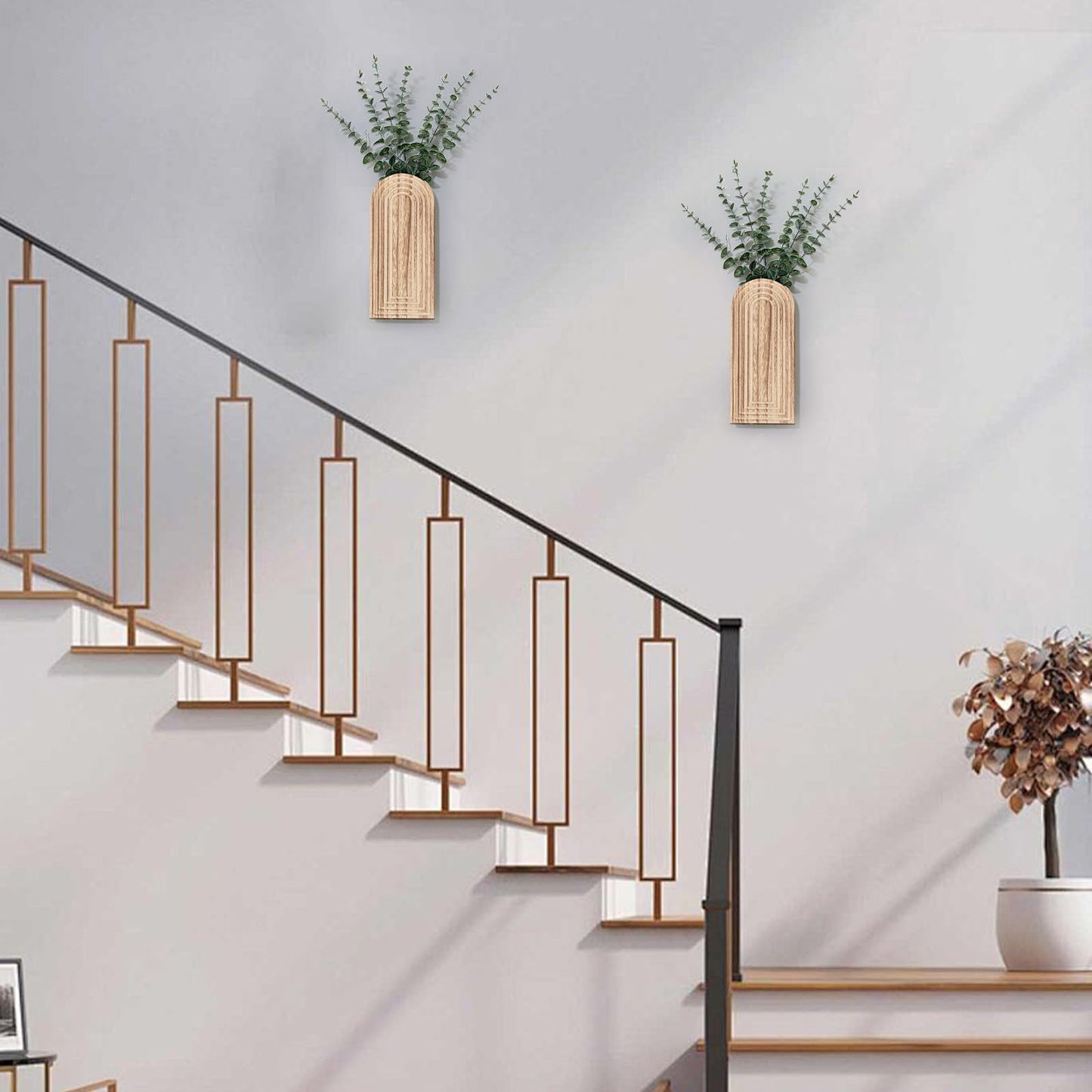 Wooden Wall Planter Vase Set of 2, Boho Hanging Planter for Indoor Plants & Flowers, Natural Wood Wall-Mounted Planters for Art Home Decor - Living Room, Bedroom, Bathroom, Patio (Natural Wood)