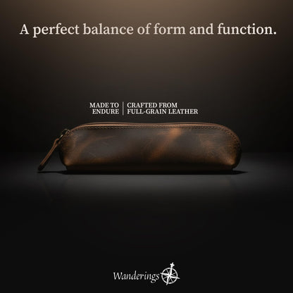 WANDERINGS Vintage Leather Pencil Pouch Case – 7" Round – Hand Crafted Functional Brown Leather Zipper Pouch – Round Pencil Case Holder for Men and Women – Travel Makeup, Jewelry, and Purse Bag