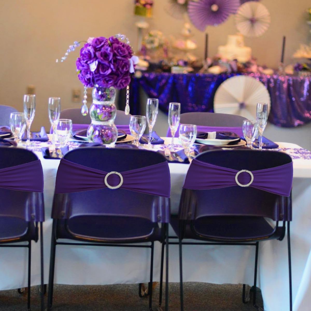 Albassa Chair Sashes Spandex Stretch Chair Bows with Buckle Slider for Wedding Party Decorations (Purple, 25PCS)