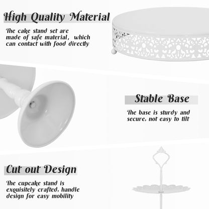 Fivenl 8 Pcs Cake Stand White Metal Dessert Table Display Set, 3-Tier Cupcake Stand, Cake Display Tower and Cookie Tray Rack Serving Tray for Birthday Party, Weddings, Baby Shower (White)