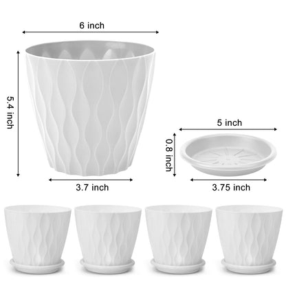 YNNICO 6 inch Plant Pots, 5 Pack Flower Pots Outdoor Indoor, Planters with Drainage Hole and Tray Saucer（White