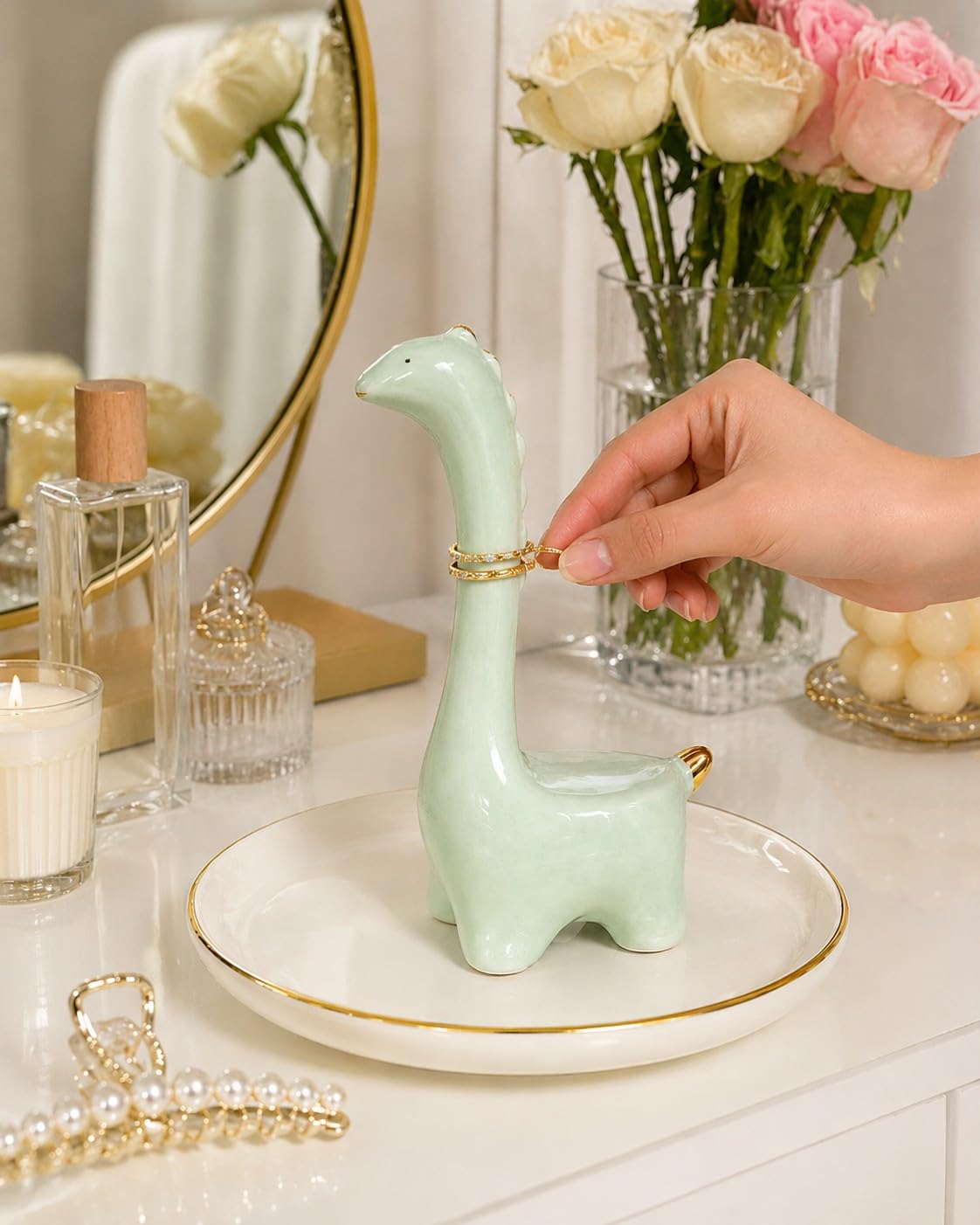 bwszrosa Ring Holder Dinosaur Jewelry Dish, Ceramic Dino Trinket Tray for Rings Earrings Necklace Bracelet, Animal Organizer for Vanity Nightstand Bathroom