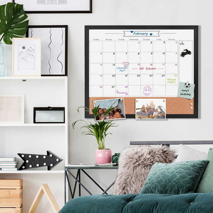 Dry Erase Calendar Whiteboard for Wall, Combination Magnetic Dry Erase White Board & Bulletin Board, 23.6" x 31.5" Wood Framed Calendar/Cork Combo Board(BK-6080)