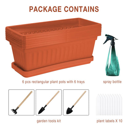 HOXHA 6 Pack Window Box Planter, 17 inches Plastic Vegetable Flower Planter Boxes with Tray, Rectangular Indoor and Outdoor Flower Pots for Windowsill, Patio, Porch, Garden Balcony