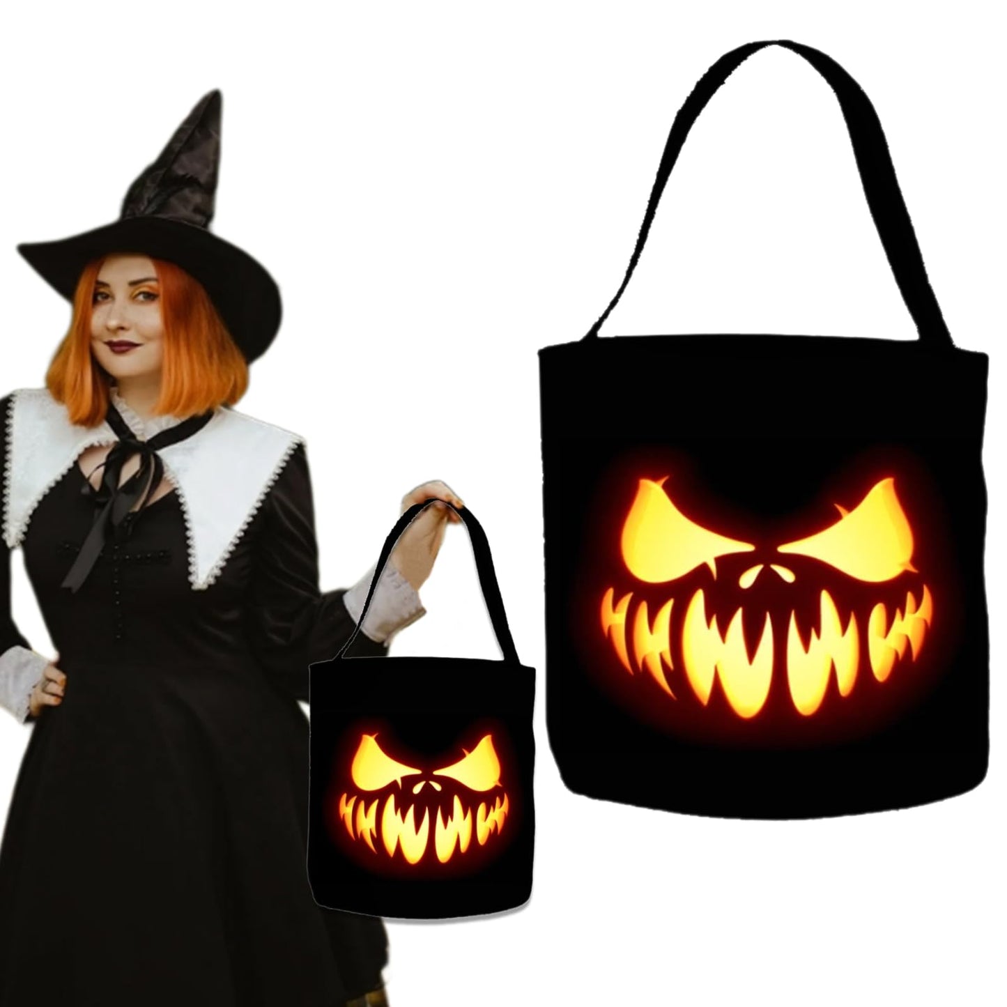 Halloween Trick or Treat Bucket Candy Bags Scary Evil Face Treat Bags Creepy Pumpkin Face Non-Woven Tote Bag with Handles Portable Collapsible Candy Present Bag for Party Decoration Favor Supplies