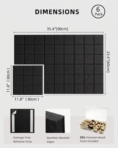 Large Felt Bulletin Board - 36" x 24" Self-Adhesive Felt Wall Tiles, Cork Boards Alternative, 6 Pack with 30 Wooden Pushpins, Cork Boards for Walls, Office & Home Decor, Push Pin Board - Black
